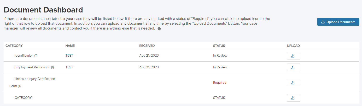Screenshot of the document dashboard on the claim portal