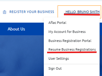 Screenshot of the Resume Business Registrations link located in the profile drop down menu