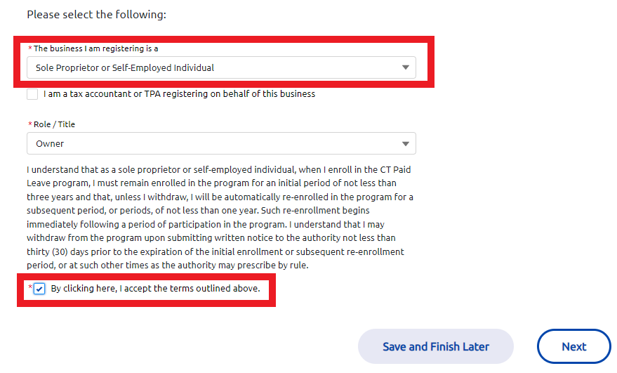 Screenshot of the selections for step 1