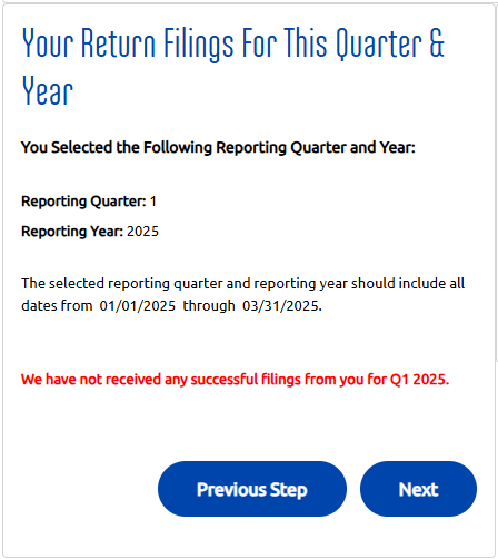 Online payment form step 2 screenshot of the return filing review screen showing no filings for the selected quarter