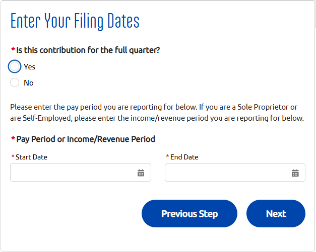 Screenshot of Enter Your Filing Dates online form